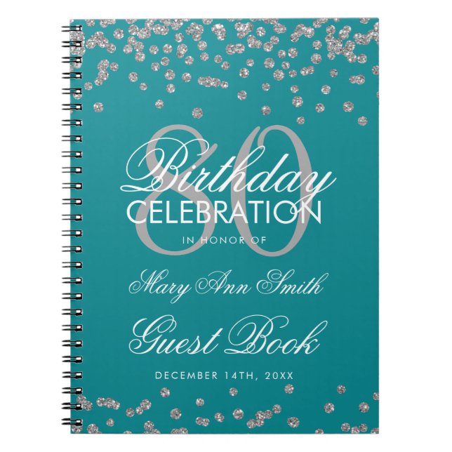 Silver Aquamarin 80. Geburtstag Gästebuch Confetti Notizblock (Vorderseite)