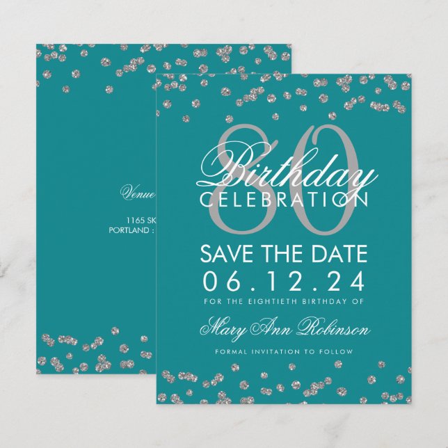 Silver Aquamarin 80. Geburtstag Rett Datum Confett Einladung (Vorne/Hinten)