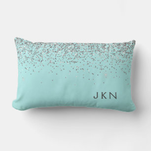 Silver Aquamarin Aqua Blue Girl Glitzer Monogram Lendenkissen