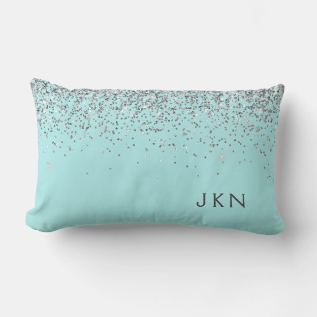 Silver Aquamarin Aqua Blue Girl Glitzer Monogram Lendenkissen (Vorderseite)