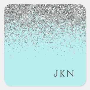 Silver Aquamarin Aqua Blue Girl Glitzer Monogram Quadratischer Aufkleber