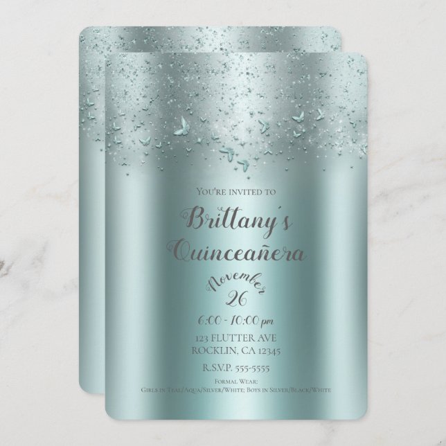 Silver Aquamarin Aqua Flutter Butterfly Quinceañer Einladung (Vorne/Hinten)