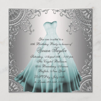 Silver Aquamarin Blue 16 . Geburtstag Geburtstagsp Einladung