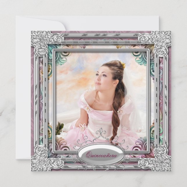 Silver Aquamarin Blue Coral Pink Foto Quinceanera Einladung (Vorderseite)