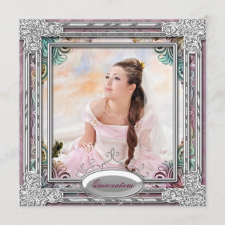 Silver Aquamarin Blue Coral Pink Foto Quinceanera Einladung