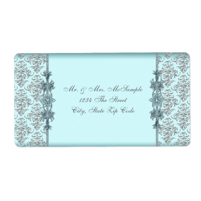 Silver Aquamarin Blue Damask Address Labels (Vorne)