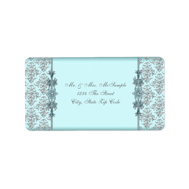 Silver Aquamarin Blue Damask Address Labels Adressaufkleber (Vorne)