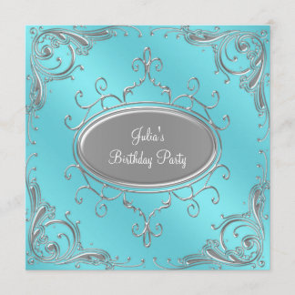 Silver Aquamarin Blue Womans Birthday Party Einladung