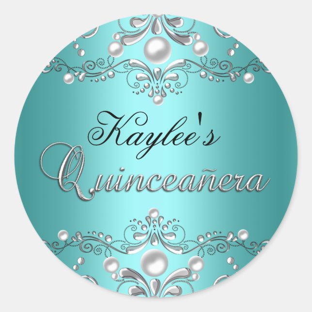 Silver & Aquamarin Damask Pearl Quinceanera Sticke Runder Aufkleber (Vorderseite)
