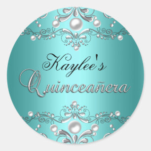 Silver & Aquamarin Damask Pearl Quinceanera Sticke Runder Aufkleber