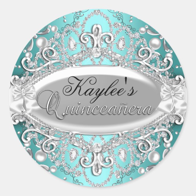 Silver & Aquamarin Damask Pearl Quinceanera Sticke Runder Aufkleber (Vorderseite)