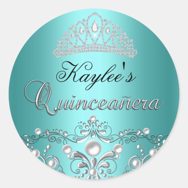 Silver & Aquamarin Damask Pearl Quinceanera Sticke Runder Aufkleber (Vorderseite)