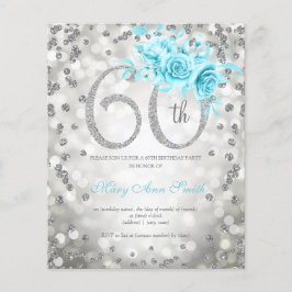 Silver Aquamarin Floral 60 Birthday Lights Einladu Flyer