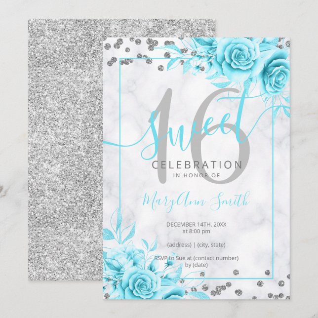 Silver Aquamarin Floral Sweet 16 Marmor Glitzer   Einladung (Vorne/Hinten)