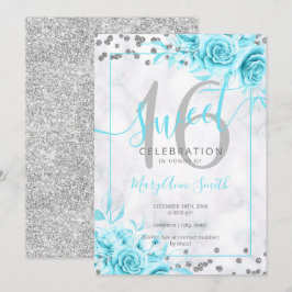 Silver Aquamarin Floral Sweet 16 Marmor Glitzer   Einladung