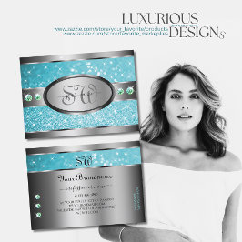 Silver Aquamarin Glitzer Sparkle Rhinestones Initi Visitenkarte