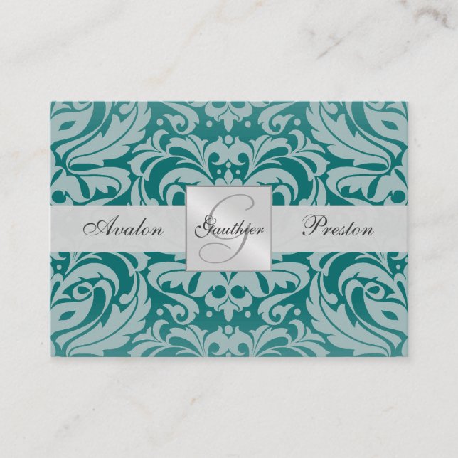 Silver & Aquamarin Monogram Damask RSVP Card Begleitkarte (Vorderseite)