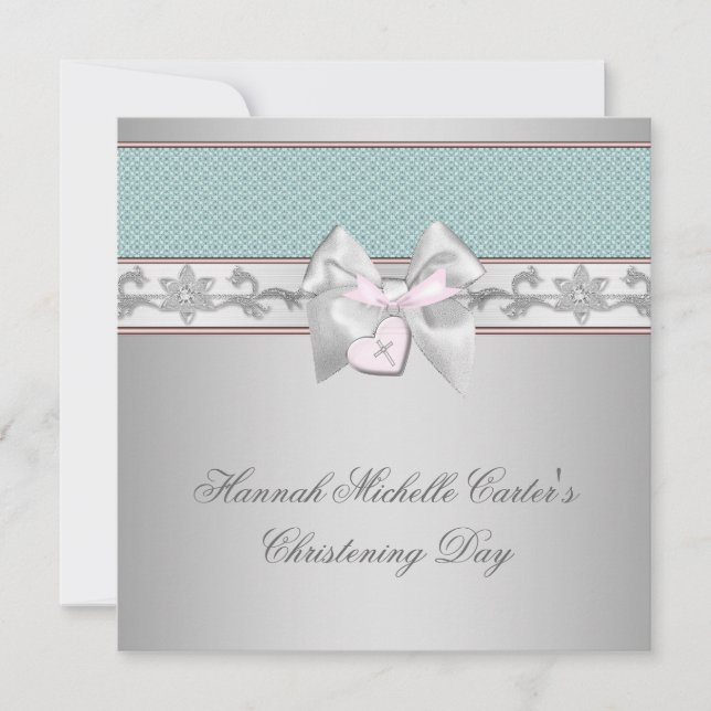 Silver Aquamarin Pink Girls Christening Einladung (Vorderseite)