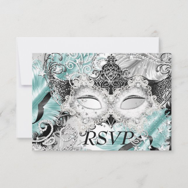 Silver Aquamarin Sparkle Masquerade Party UAWG RSVP Karte (Vorderseite)