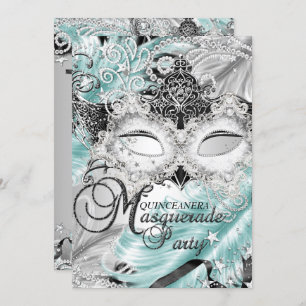 Silver Aquamarin Sparkle Masquerade Quinceanera Einladung