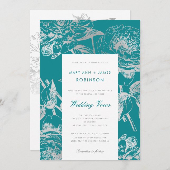 Silver Aquamarin Wedding Vow Renewal Simple Floral Einladung (Vorne/Hinten)