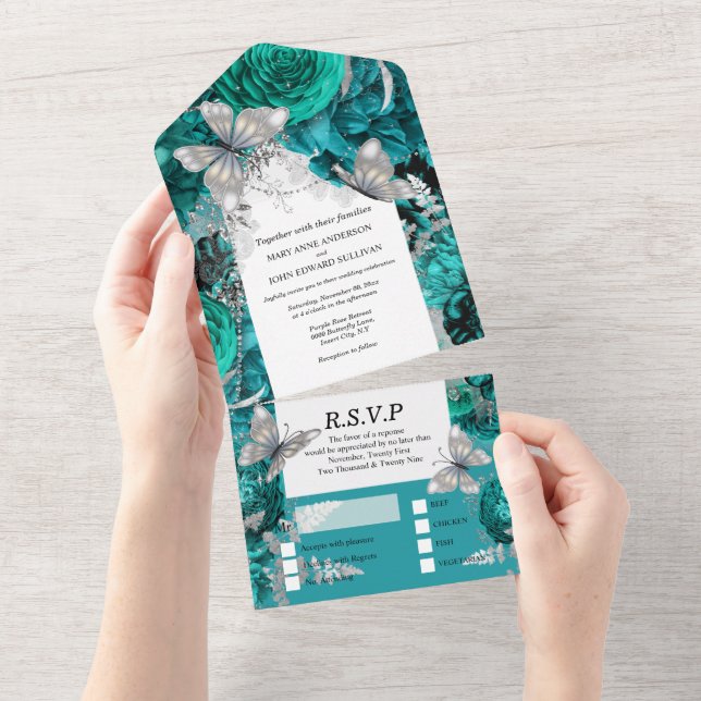 Silver aquamarine Schmetterlingschimmer Glitzer Ro All In One Einladung (Abreißtisch)