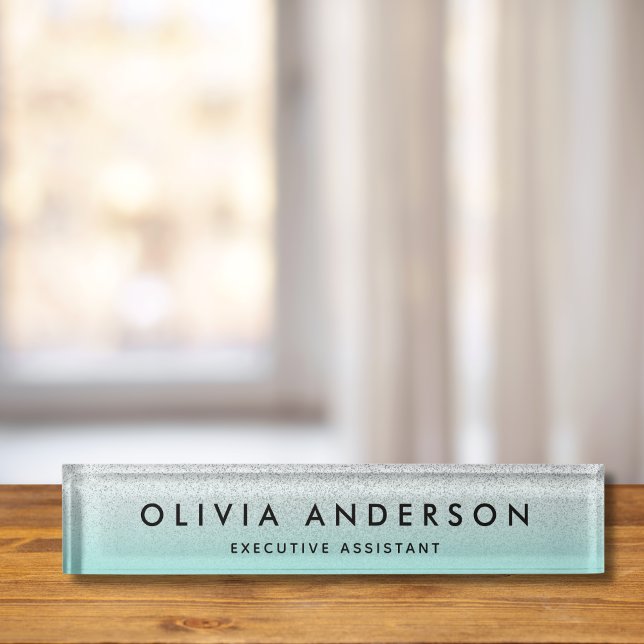 Silver aquamariner, blau grüner Glitzer Ombre Name Schreibtischnamensplakette (Aqua Silver Glitter Desk Name Plate)