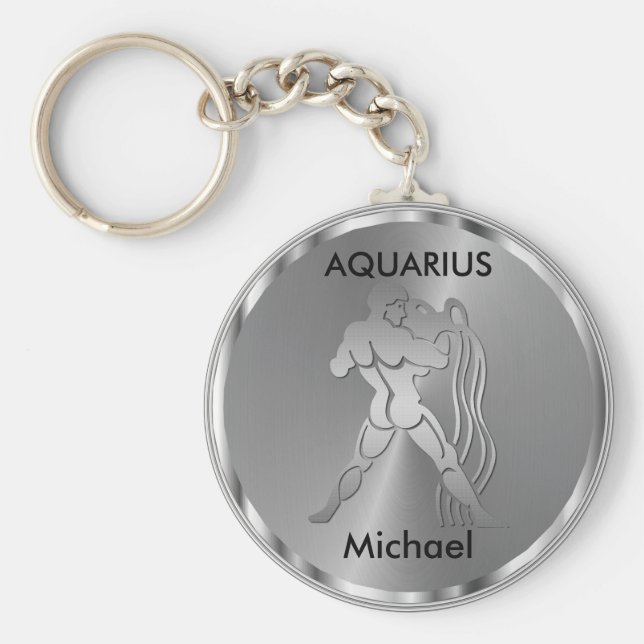 Silver Aquarius ♒ Wasserträger - Zodiac Zeichen Schlüsselanhänger (Vorne)