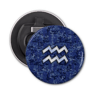 Silver Aquarius Zodiac Sign Navy Blue Digital Camo Flaschenöffner