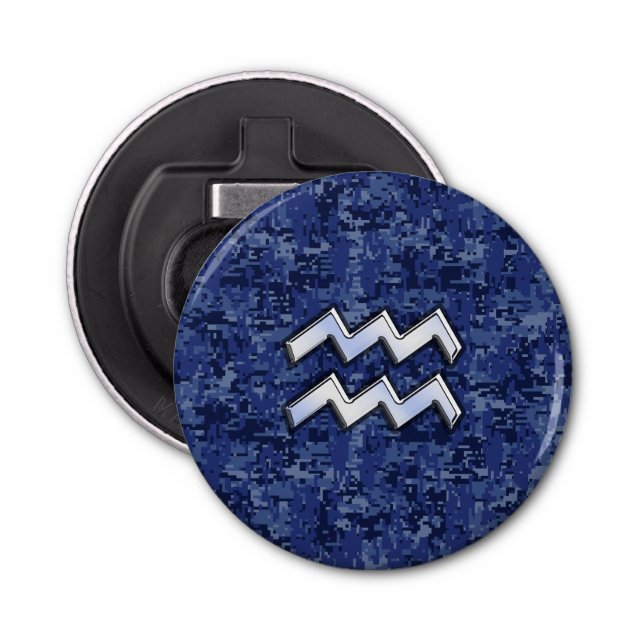 Silver Aquarius Zodiac Sign Navy Blue Digital Camo Flaschenöffner (Vorderseite)
