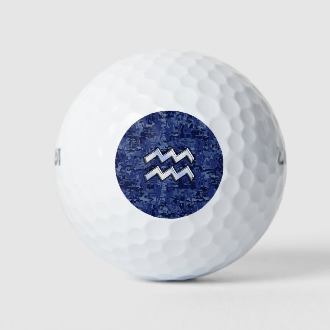 Silver Aquarius Zodiac Sign Navy Blue Digital Camo Golfball (Vorderseite)