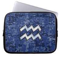 Silver Aquarius Zodiac Sign Navy Blue Digital Camo