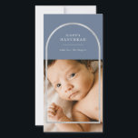 Silver Arch Frame Hanukkah Foto Blue Feiertagskarte<br><div class="desc">Elegant falsch silver arch frame,  Happy Hanukkah Holiday foto card. Feys,  Single Foto on front and two Foto Two Foto Two Two Two Two Two Two Thing Spaces on back of card with blue color backgrounds.</div>