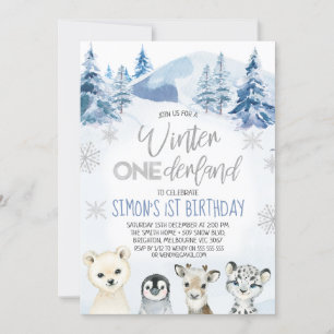 Silver Arctic Animals Winter Onederland Geburtstag Einladung