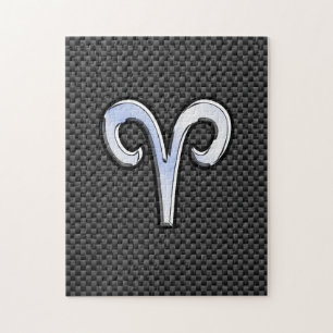 Silver Aries Zodiac Sign Black Carbon Fibre Print Puzzle