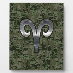 Silver Aries Zodiac Symbol Green Digital Camouflag Fotoplatte