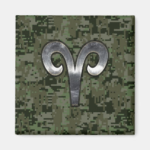 Silver Aries Zodiac Symbol Green Digital Camouflag Magnet