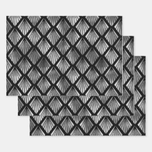 Silver Art Deco Fans auf Black Geschenkpapier Set