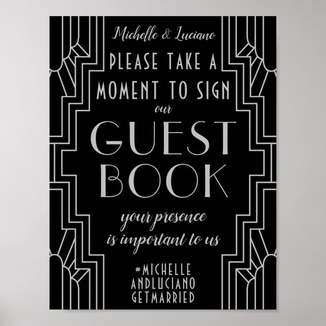Silver Art Deco Wedding Sign Editable Gästebuch (Vorne)