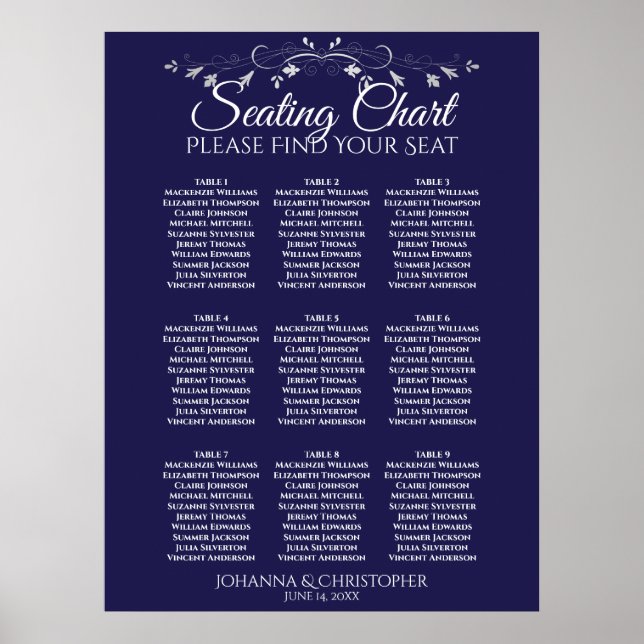 Silver auf Navy Blue 9 Table Wedding Chart Poster (Vorne)