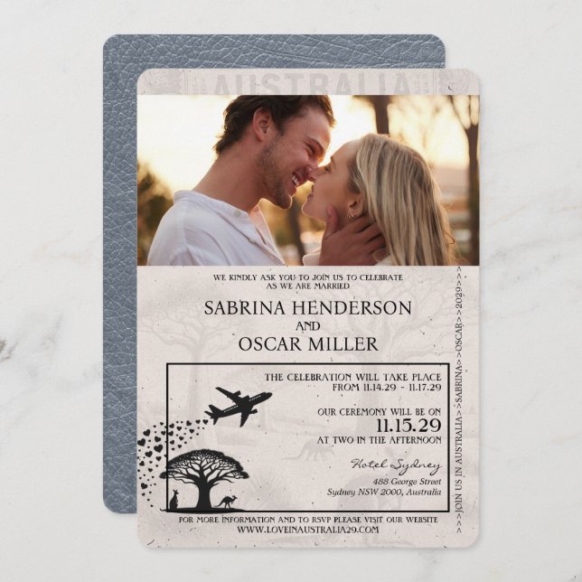Silver Australia Passport Wedding Einladung (Vorne/Hinten)