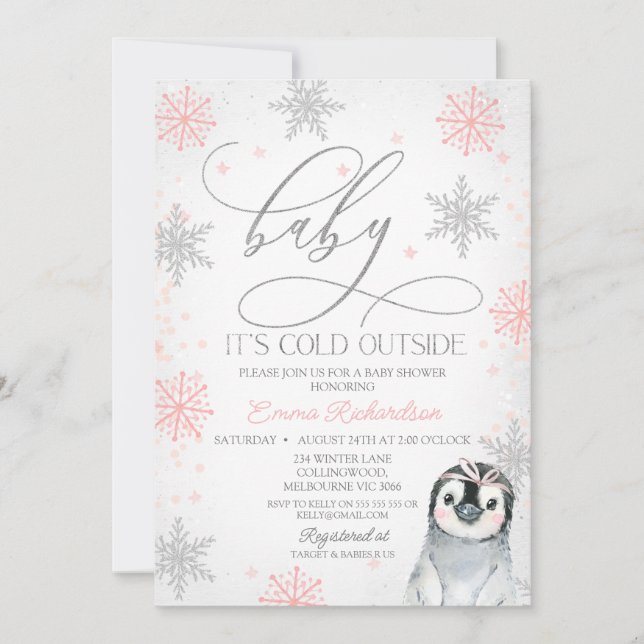 Silver Baby It's Cold Outside Pinguin Baby Dusche Einladung (Vorderseite)