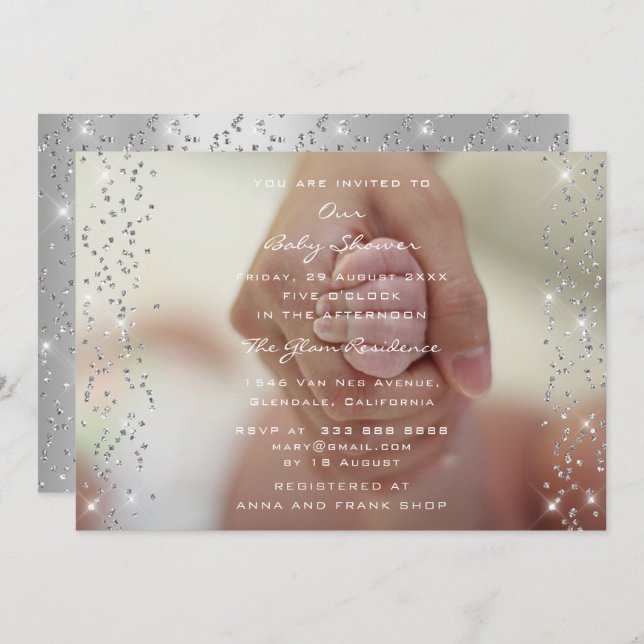Silver Baby Shower Boy Girl Foto Confetti Einladung (Vorne/Hinten)