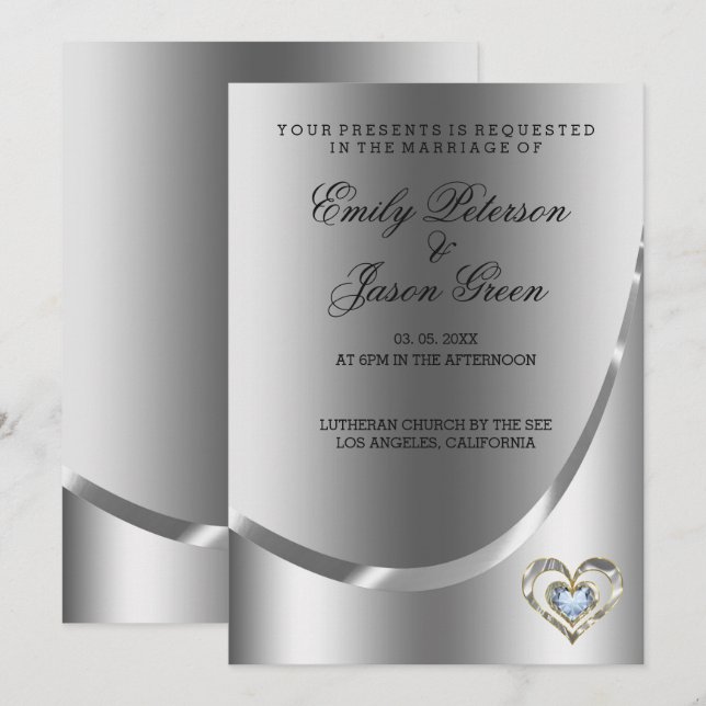 Silver Background and Diamonds Heart Wedding Einladung (Vorne/Hinten)