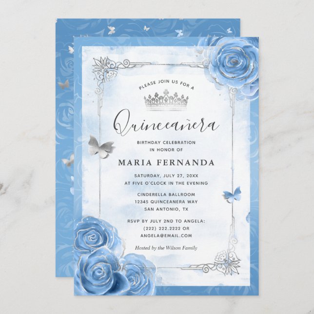 Silver Bahama Blue Rose Elegante Quinceanera Einladung (Vorne/Hinten)