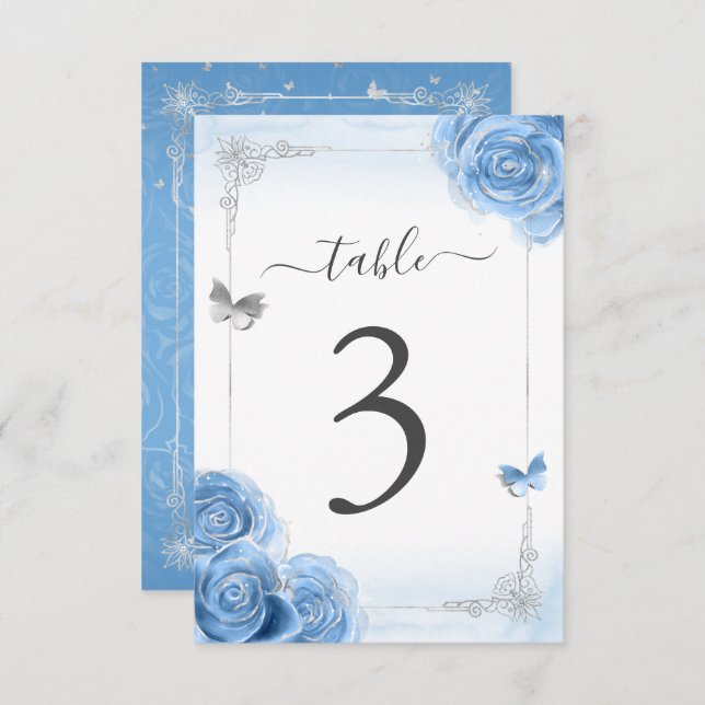 Silver Bahama Blue Rose Elegante Tischnummer Card (Vorne/Hinten)