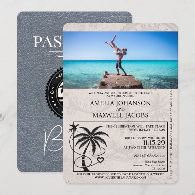 Silver Bahamas Passport Einladung zur Hochzeit (Vorne/Hinten)