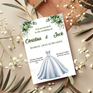 Silver Ballgown - Sage Botanical Design Hochzeit Einladung
