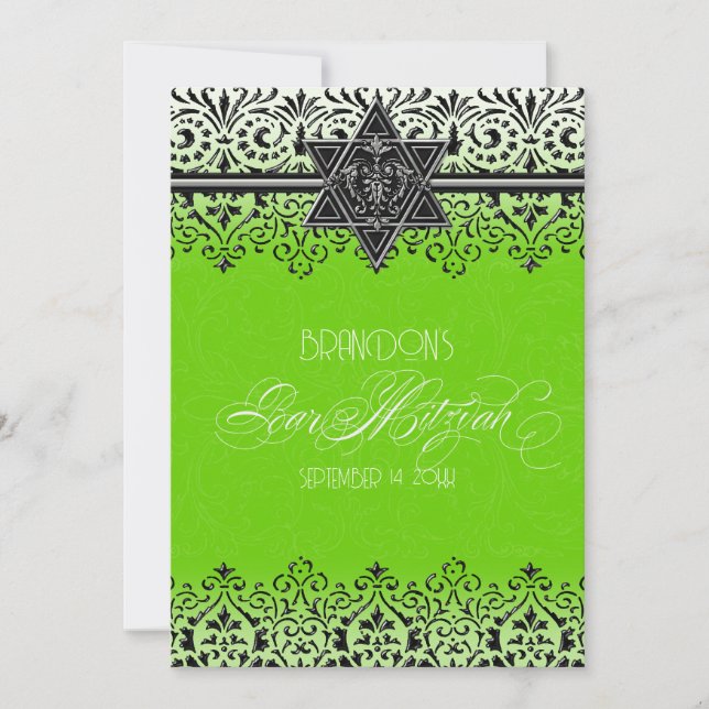 Silver Bar Mitzvah Green Black in White Lace Einladung (Vorderseite)