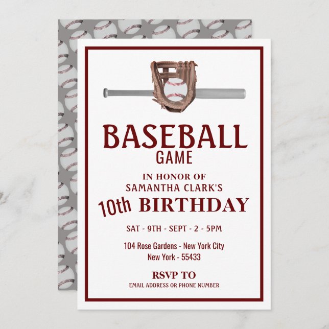 Silver Baseball Bat, Baseball Game Birthday Party Einladung (Vorne/Hinten)